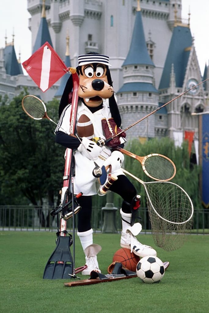 Goofy at Magic Kingdom Park in sports equipment (1988)