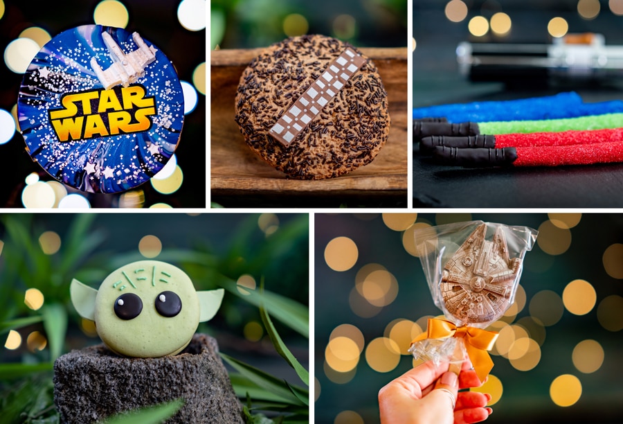 Alimentos de la Temporada de la Fuerza Collage de galleta de azúcar de Star Wars, galleta wookiee, sables de luz de pretzel, paleta de chocolate con leche