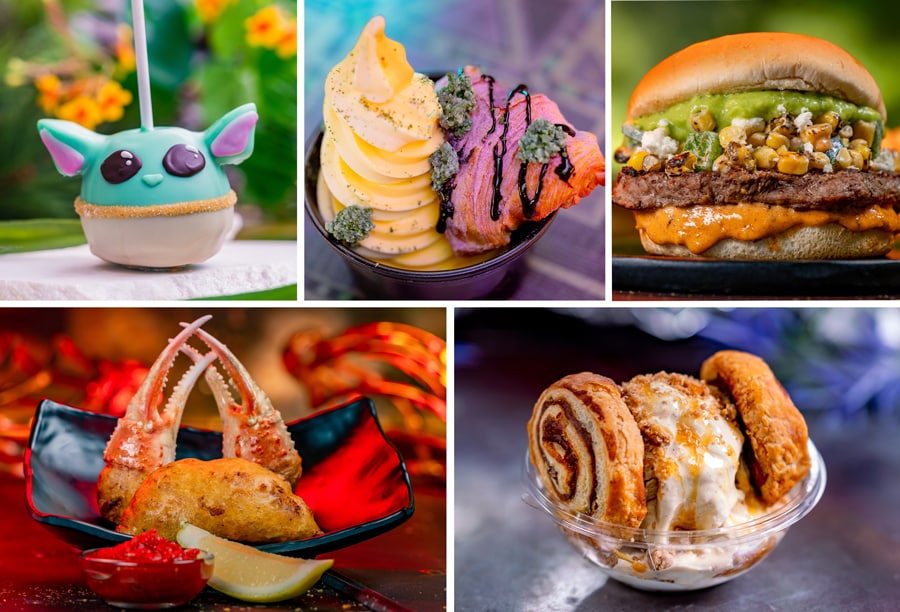 Season of the Force food items Collage of Grogu Candy Apple, Pineapple and Ube Crescent Sundae, Street-style Elote Burger, Crab Fritters and Cinnamon Roll Sundae