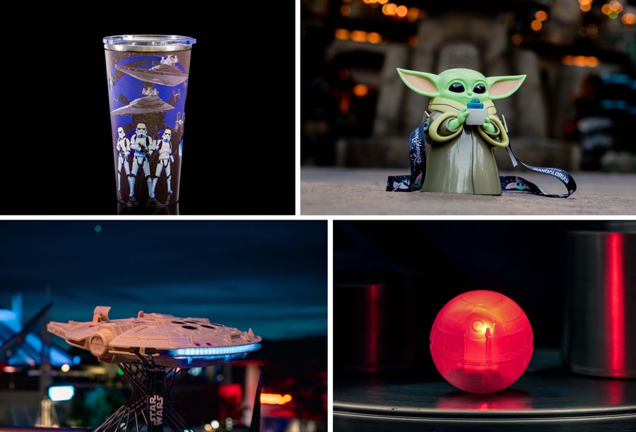 Season of the Force food items Collage of Darth Vader Stainless Steel Tumbler, Grogu Sipper, Millennium Falcon Bucket and Death Star Glow Cube