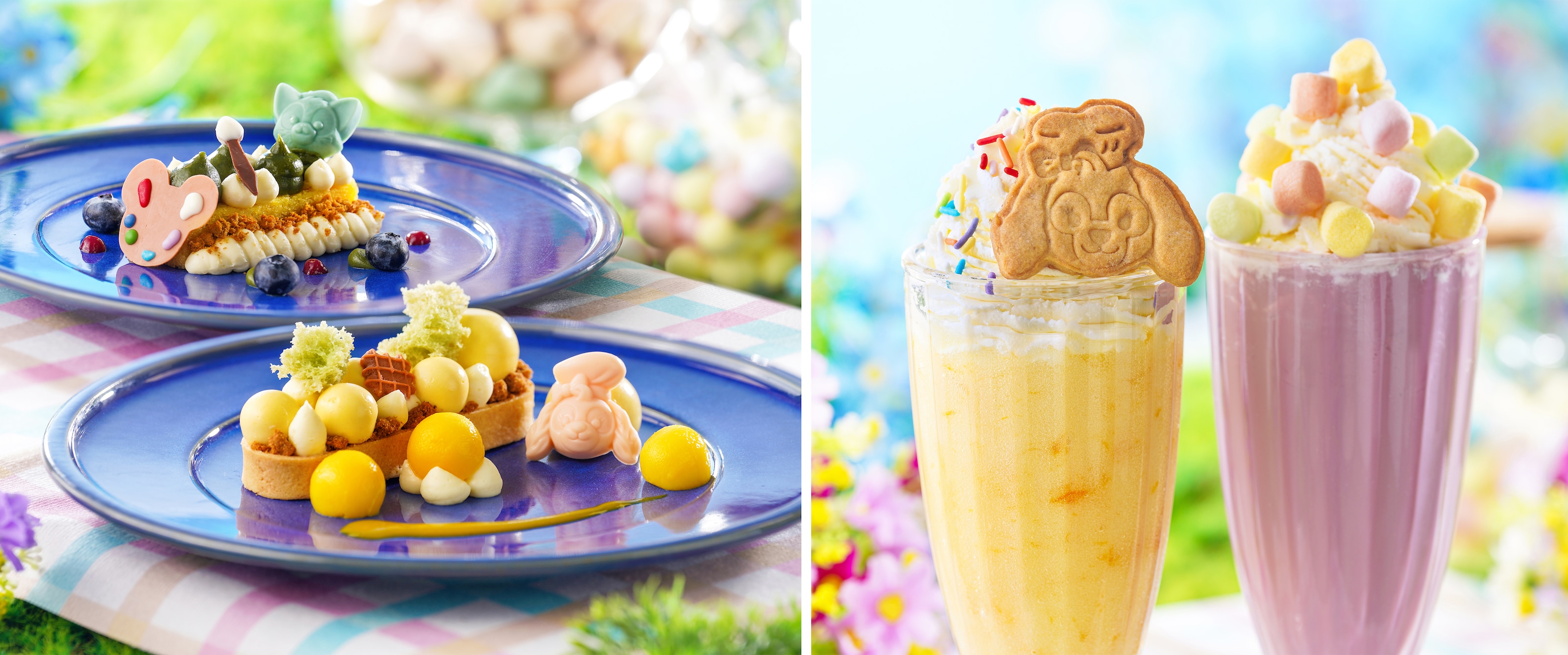 CookieAnn's Mango Passionfruit Tart, Gelatin's White Chocolate Pistachio Cream with Almond Cake, CookieAnn's Citron Pineapple Smoothie, and StellaLou's Grape and Strawberry Shake at Disney Parks