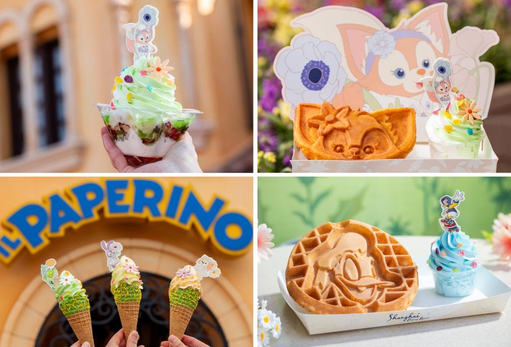 Sundae helado con sabor a vainilla y manzana, gofre Disney LinaBell con helado con sabor a vainilla y manzana, cono de helado con sabor a níspero y gofre con helado con sabor a sal marina en los parques de Disney