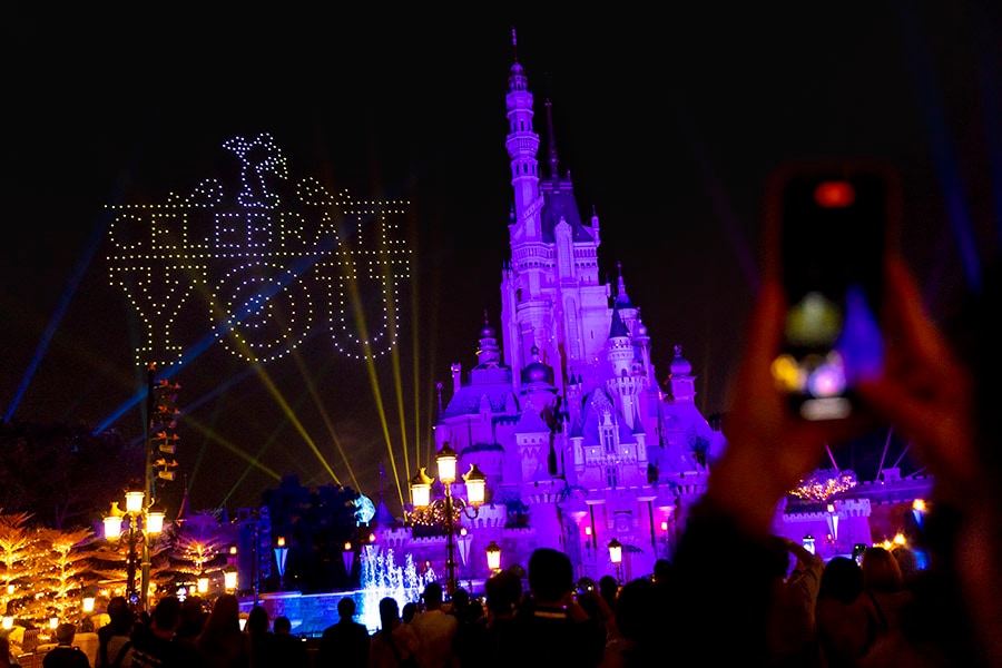 Drones light up the sky and read “Celebrate You” during the cast exclusive show, “Echoes of Enchantment”. 