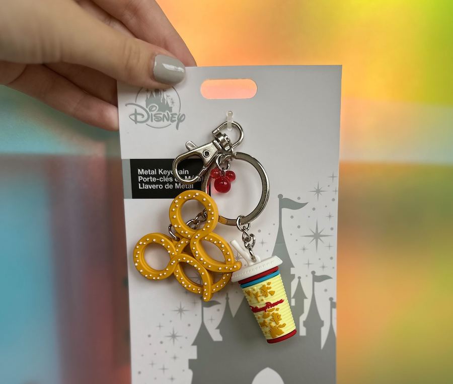 Mickey and Minnie Mouse Pretzel Keychain featuring a Mickey-shaped pretzel… and a Disney Parks drink