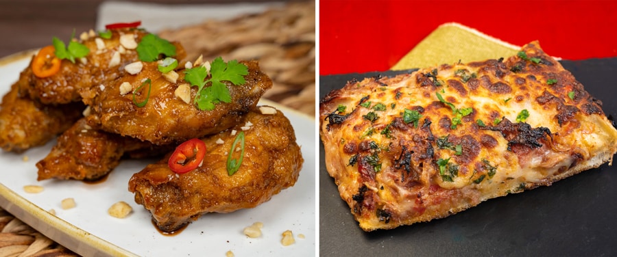 Collage of Bangkok Chicken Wings and Thai Sweet Chili-glazed Pork Pizza