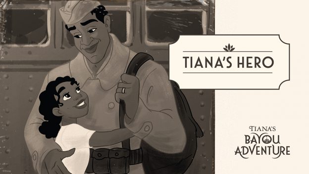 Princess and the Frog characters, Tiana's Dad James, in military uniform, and a young Tiana embrace in front of a train.