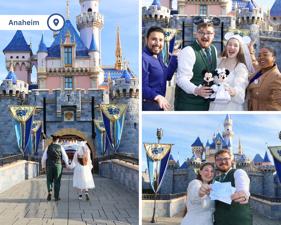 Disneyland Ambassadors Jada and Raul congratulate the couple and send them off with a special bon voyage at Sleeping Beauty Castle on April 7.