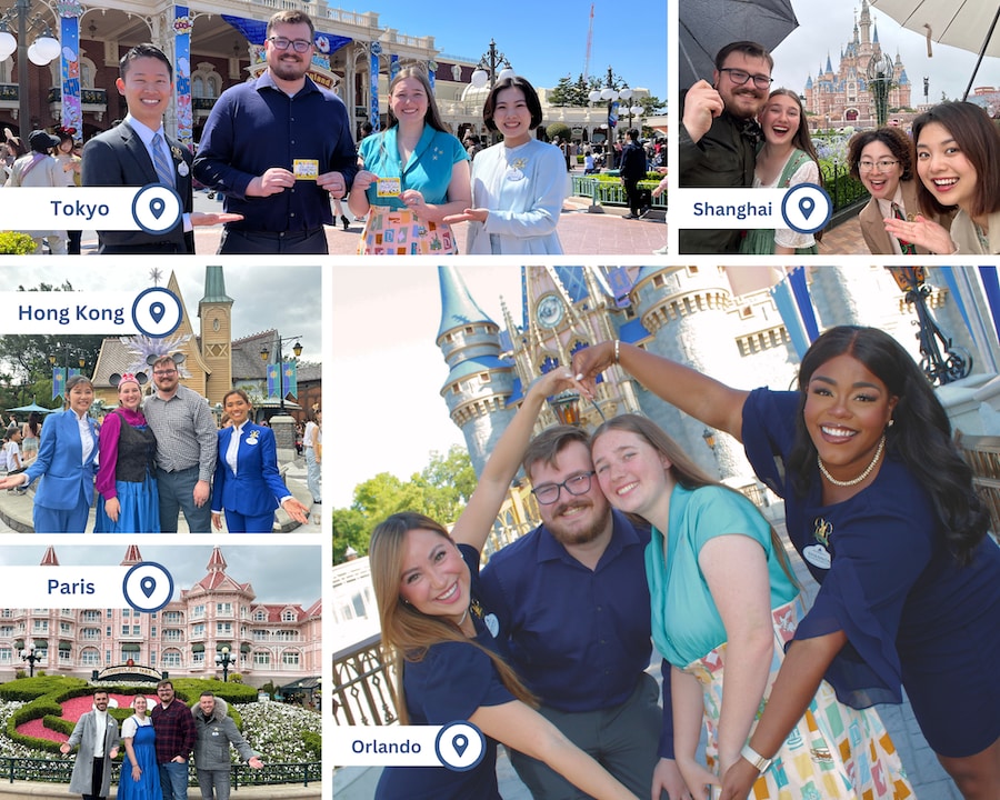 Donald and Nika smile with the Disney Global Ambassador teams at each Disney Park. 