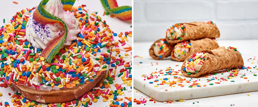Rainbow Donut topped with rainbow sprinkles and a rainbow sour belt; Cake Batter Cannoli
