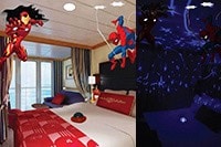 Surprise your loved ones with this Avengers-themed stateroom. A Disney Cruise Line stateroom with Iron Man and Spider Man decorations near a nursery light