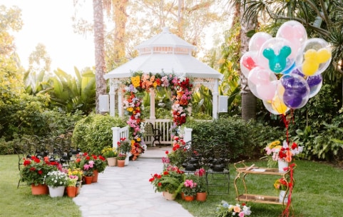 Many chairs face a gazebo in an outside courtyard Many chairs face a gazebo in an outside courtyard