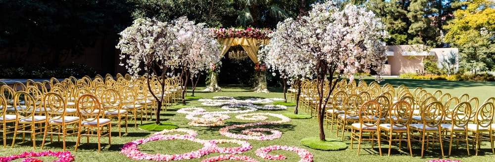 Small trees line an aisle scattered with flower petals leading towards an altar