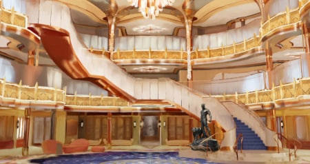 A rendering of the Disney Destiny atrium lobby with a staircase, sofas and a Black Panther statue