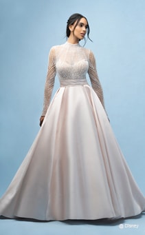 A bride wearing a Jasmine inspired ball gown featuring an illusion neckline and a sheer beaded bodice and sleeves