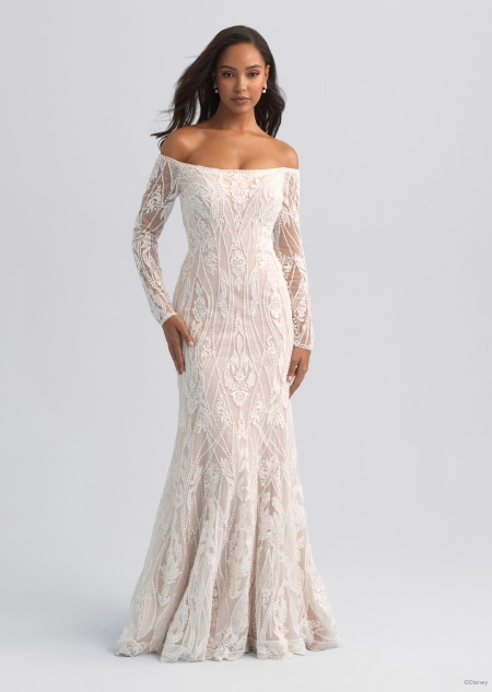 An off the shoulder and long sleeved wedding dress inspired by Jasmine from Aladdin