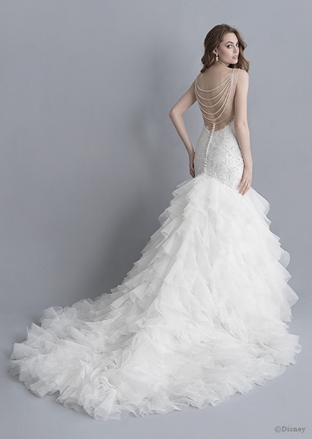 A back side view of a woman wearing the Ariel wedding gown from the 2020 Disney Fairy Tale Weddings Platinum Collection