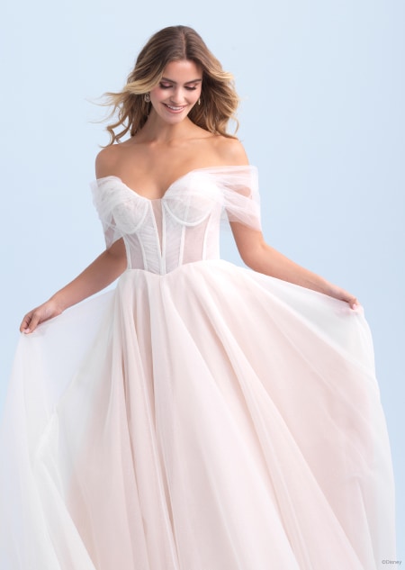 An off the shoulder wedding dress inspired by Aurora from Sleeping Beauty