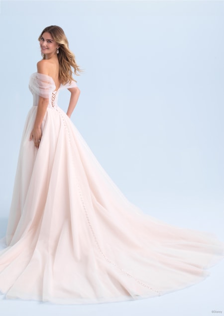 The back of an off the shoulder wedding dress inspired by Aurora from Sleeping Beauty