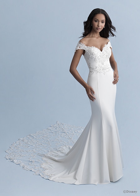 A woman wearing the Jasmine wedding gown from the 2020 Disney Fairy Tale Weddings Collection