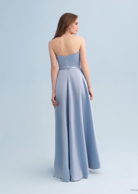 The back of a woman wearing a sleeveless Cinderella themed bridesmaid dress