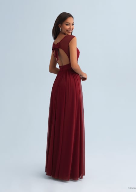 The back of a woman wearing a Snow White themed bridesmaid dress with a Queen Anne neckline