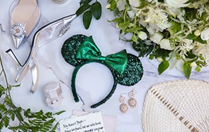 A table with a bouquet, high heels, earrings, a ring in a box, a handwritten note and a Minnie Mouse ear headband