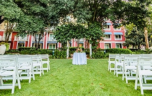 An aisle leading to a small round table on a lawn with trees in the background