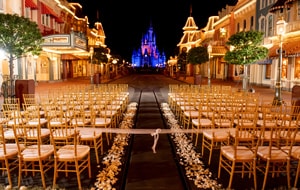 An evening wedding ceremony venue with bamboo chairs and a flower petal lined aisle, set on Main Street USA with Cinderella Castle in the background An evening wedding ceremony venue with bamboo chairs and a flower petal lined aisle, set on Main Street USA with Cinderella Castle in the background