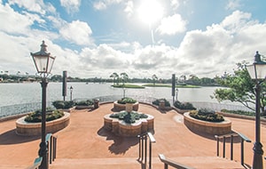 Terrace des Fleurs, a lakeview terrace with flower filled planters at the France Pavilion in Epcot Terrace des Fleurs, a lakeview terrace with flower filled planters at the France Pavilion in Epcot