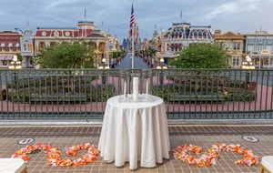A wedding ceremony venue on a train station platform with arranged flower petals and a linen covered table with candles, overlooking Main Street USA and Cinderella Castle A wedding ceremony venue on a train station platform with arranged flower petals and a linen covered table with candles, overlooking Main Street USA and Cinderella Castle