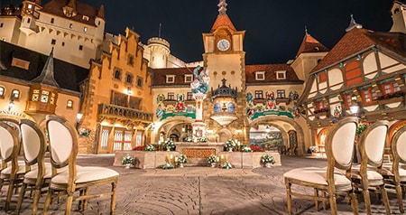 Chairs and flowers arranged for a wedding ceremony in the Germany Pavilion