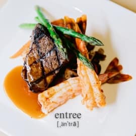 A dinner plate with an entree of steak, prawns and asparagus