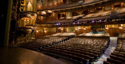 The New Amsterdam Theatre showing ornate decor, multiple balcony levels and rows of audience seating