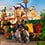 A family happily walks through Toy Story Land while a group of friends pose for a selfie near Woody