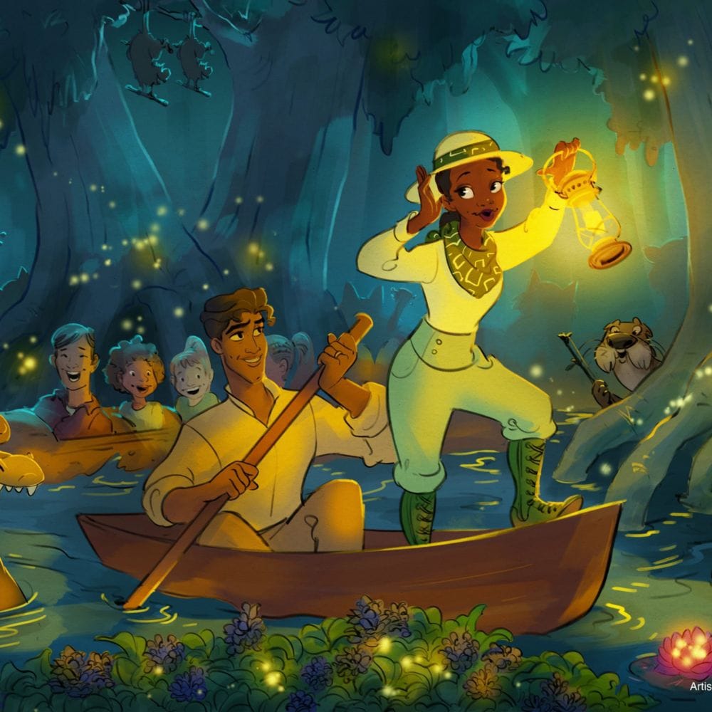 A painting of Prince Naveen rowing Princess Tiana in a boat down the bayou, with Louis the Alligator swimming nearby