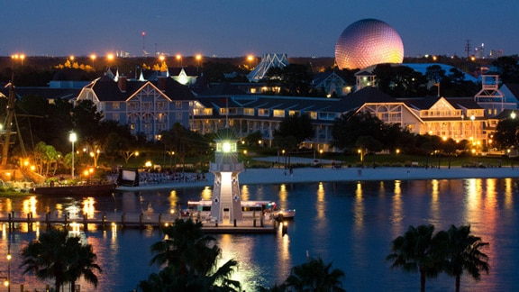 Disney's Beach Club Resort and Crescent Lake at night