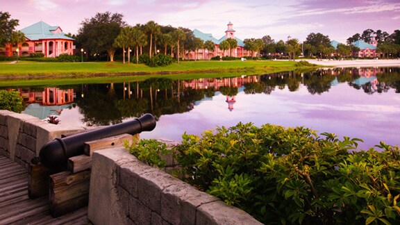 A cannon by the lake at Disney's Caribbean Beach Resort in Florida