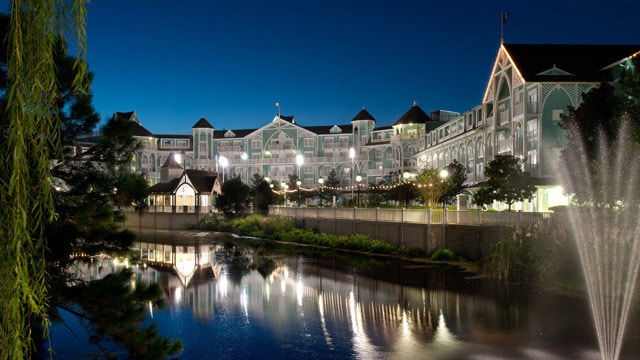 Disney's Beach Club Resort, overlooking a shimmering lake and fountain