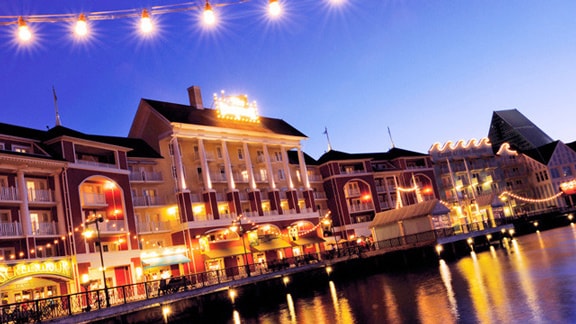 Disney's BoardWalk Villas, illuminated at night