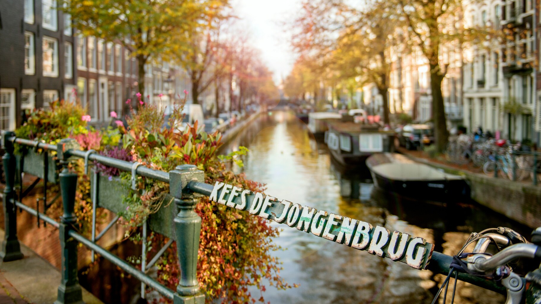 A view of a canal flanked by tall brick row houses from the Kees De Jongenbrug bridge in Amsterdam A view of a canal flanked by tall brick row houses from the Kees De Jongenbrug bridge in Amsterdam