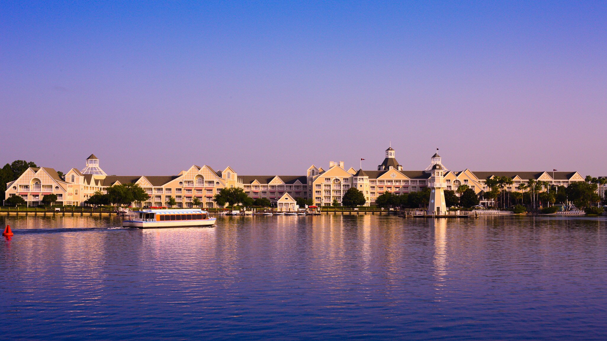 Disney’s BoardWalk and Crescent Lake, illuminated at dusk