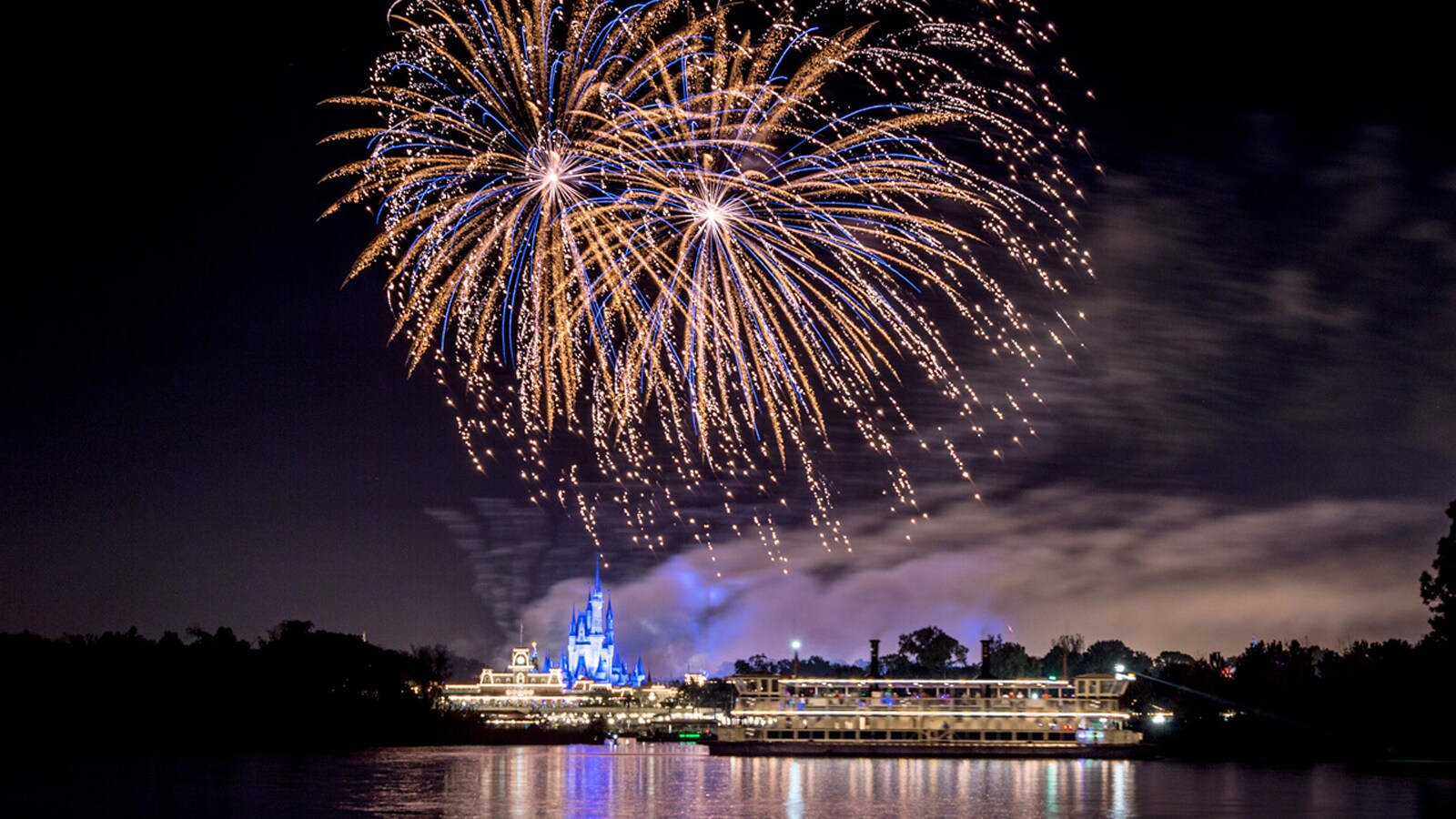 A fireworks display over Cinderella Castle at Magic Kingdom Park in Florida
