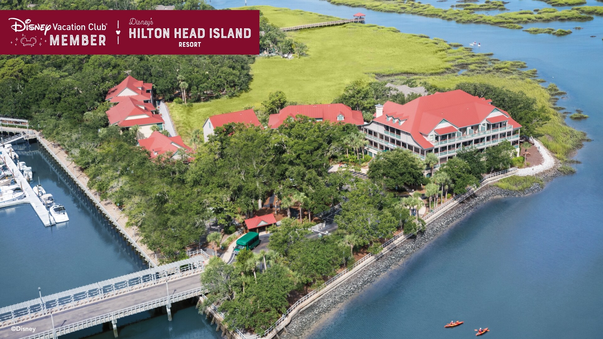 The charming Disney’s Hilton Head Island Resort, over which a banner reads, ‘Disney Vacation Club Member, Disney’s Hilton Head Island Resort’