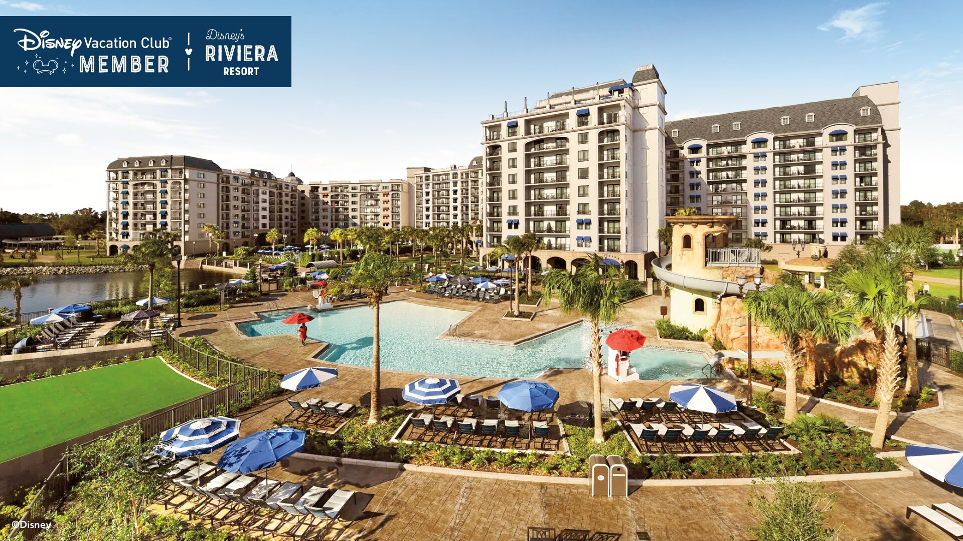 The magnificent Disney’s Riviera Resort and its large pool, over which a banner reads, ‘Disney Vacation Club Member, Disney’s Riviera Resort’