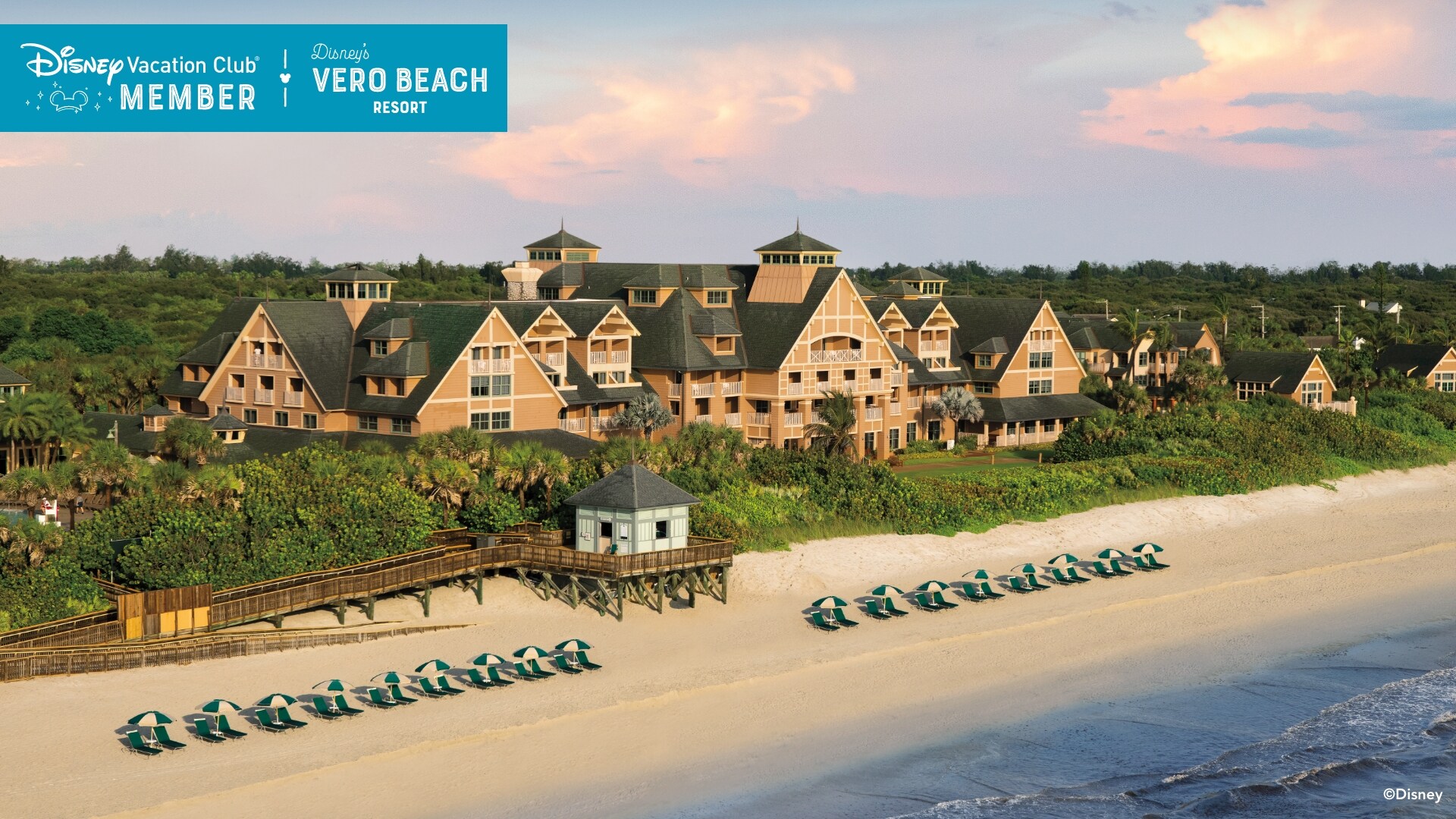 Disney’s Vero Beach Resort, along with its beautiful beachfront, over which a banner reads, ‘Disney Vacation Club Member, Disney’s Vero Beach Resort’