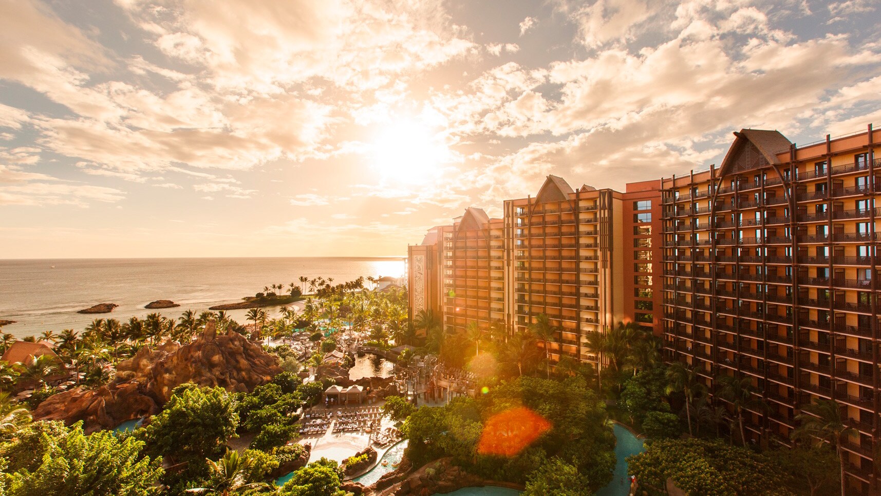The exterior of Aulani Resort, overlooking the Pacific Ocean