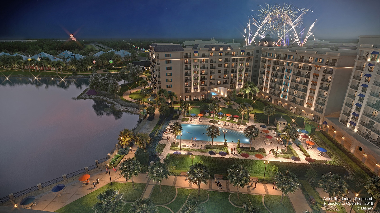 Fireworks bursting in the sky above Disney’s Riviera Resort at night