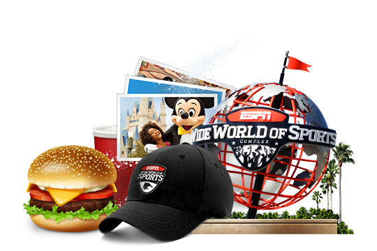 The ESPN Wide World of Sports globe icon, a cheeseburger, drink cup, Mickey photo and a baseball cap