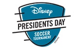 A shield shaped logo that reads Disney Presidents Day Soccer Tournament