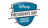 A shield shaped logo that reads Disney Presidents Day Soccer Tournament